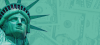 Illustration : visage de la statue de la liberté sur fond de billets de dollars
